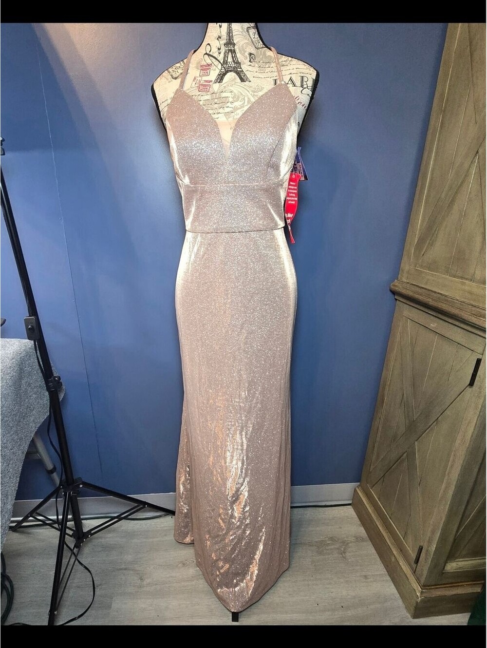 Morgan & Co NWT Rose Gold Glitter Prom Formal Gown Womens 1 Open Back Maxi